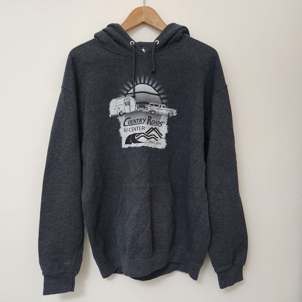 JERZEES Men's Dark Gray Graphic Print Hoodie 'Country Roads' Sweatshirt Size L